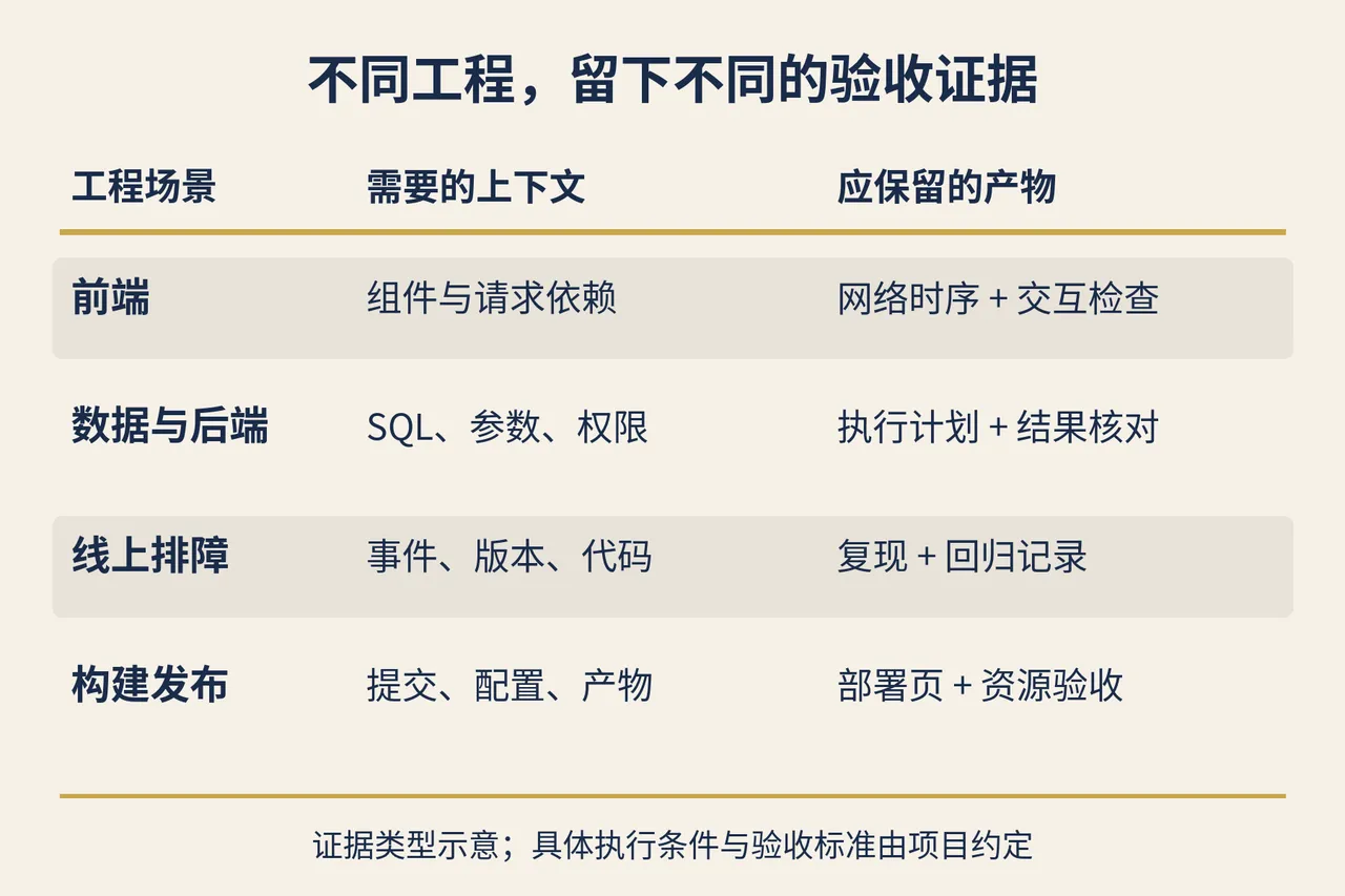 工程证据示意:前端、数据、排障与发布需要不同的上下文和验收产物